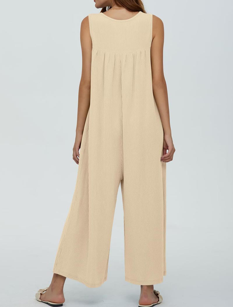 Button-Front Wide-Leg Sleeveless Jumpsuit