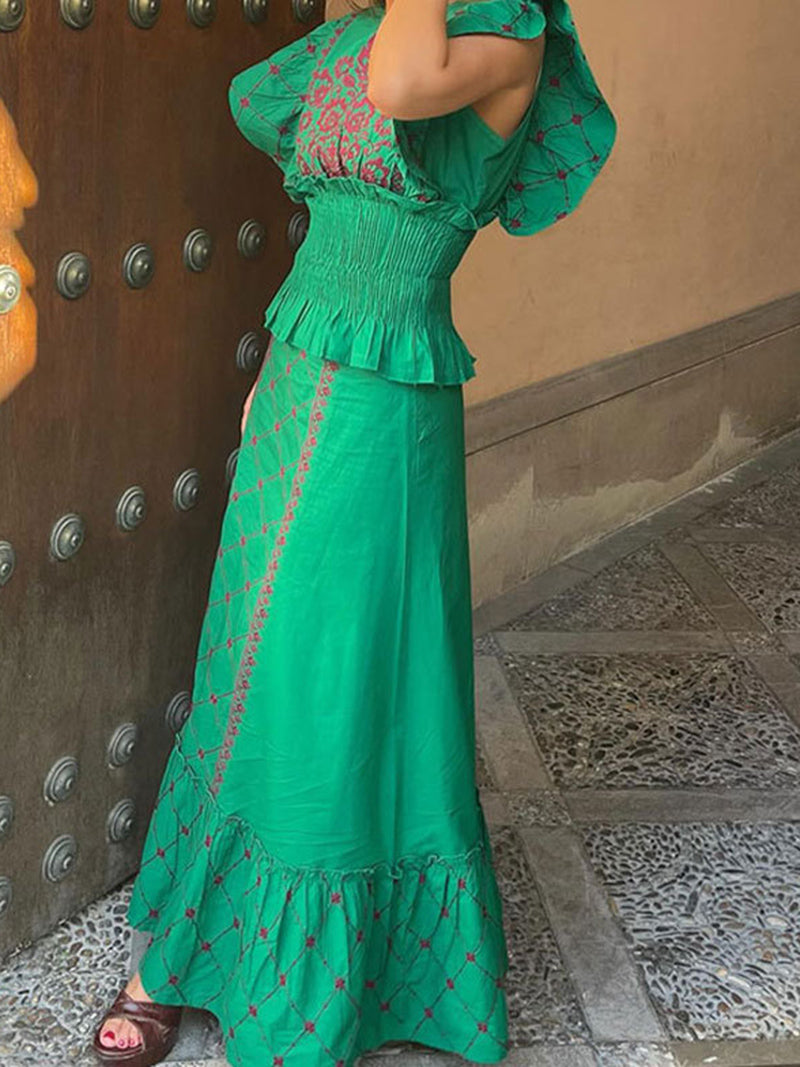 Puff-Sleeve Peplum Maxi Dress