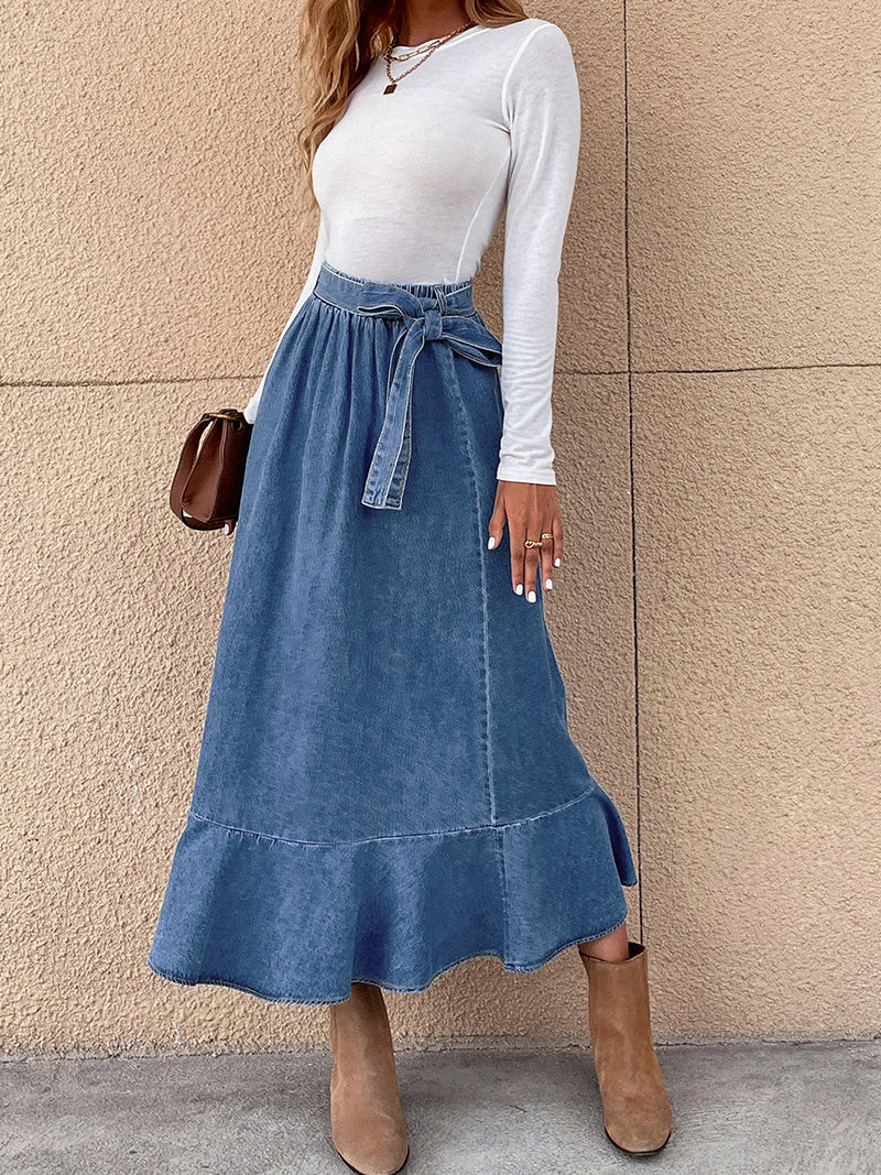 Denim Self-Tie Midi Skirt