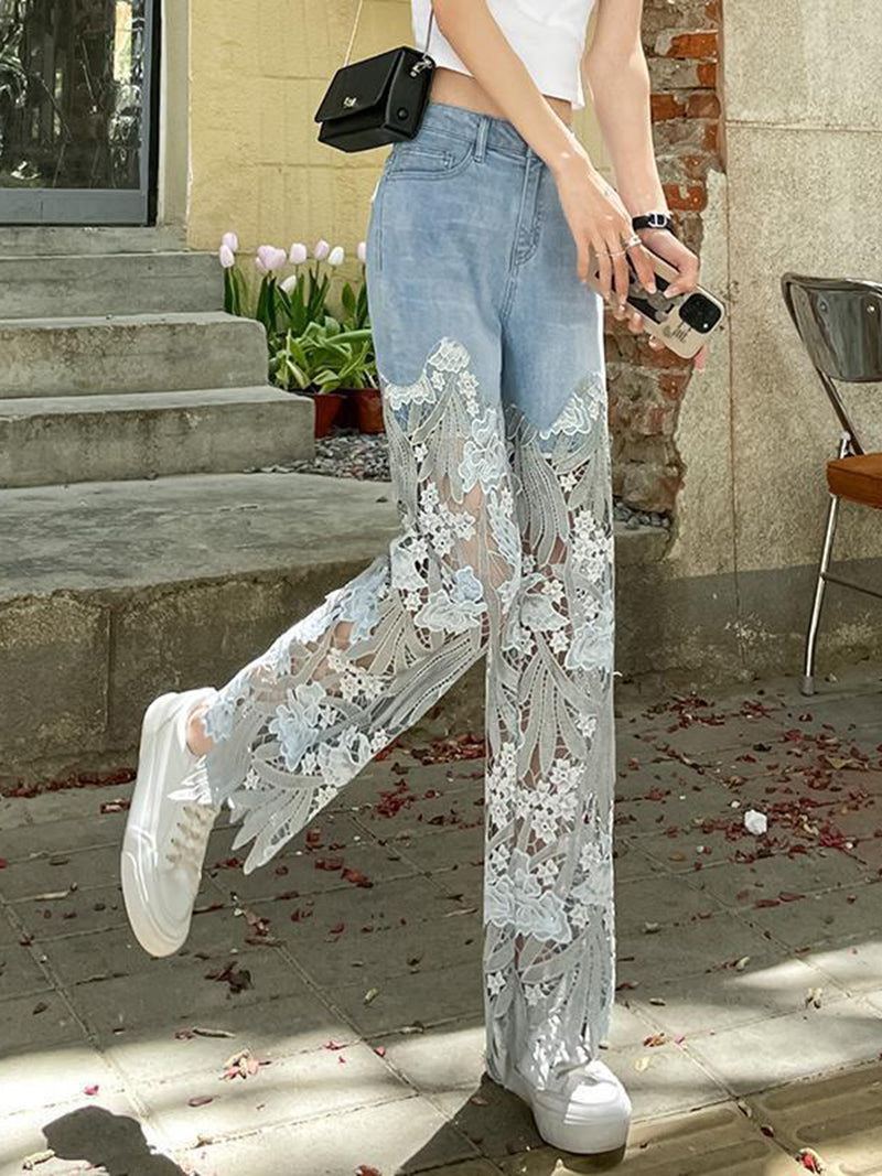 Lace Denim Wide-Leg Pants