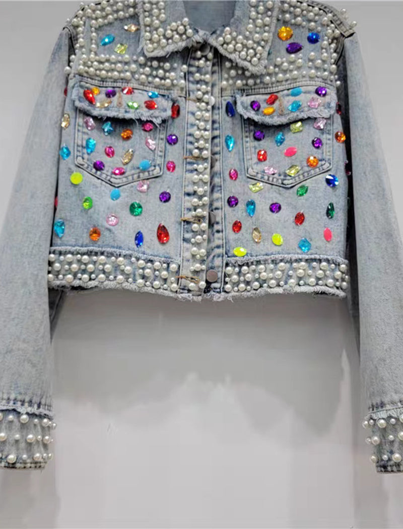 Cropped Denim Jacket with Embellished Accents