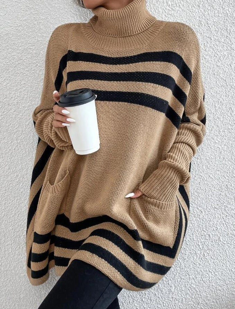 High Neck Striped Batwing Sleeve Cape Sweater