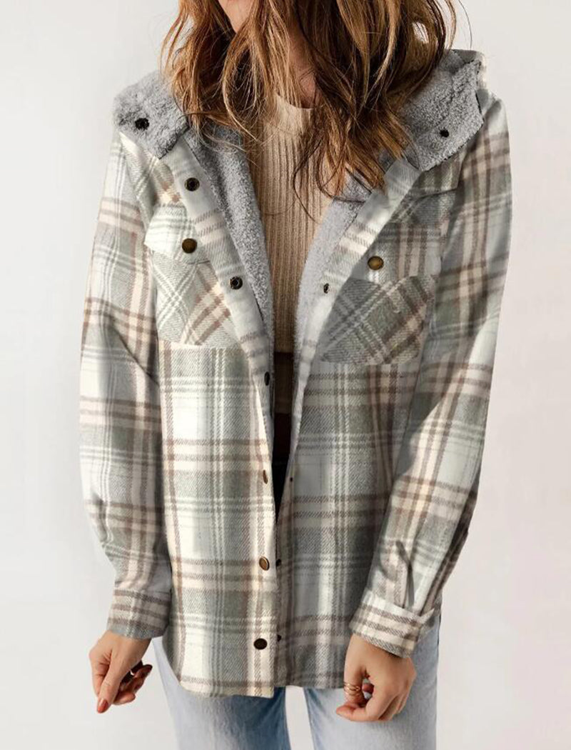Plaid Long Sleeve Fuzzy Hooded Jacket