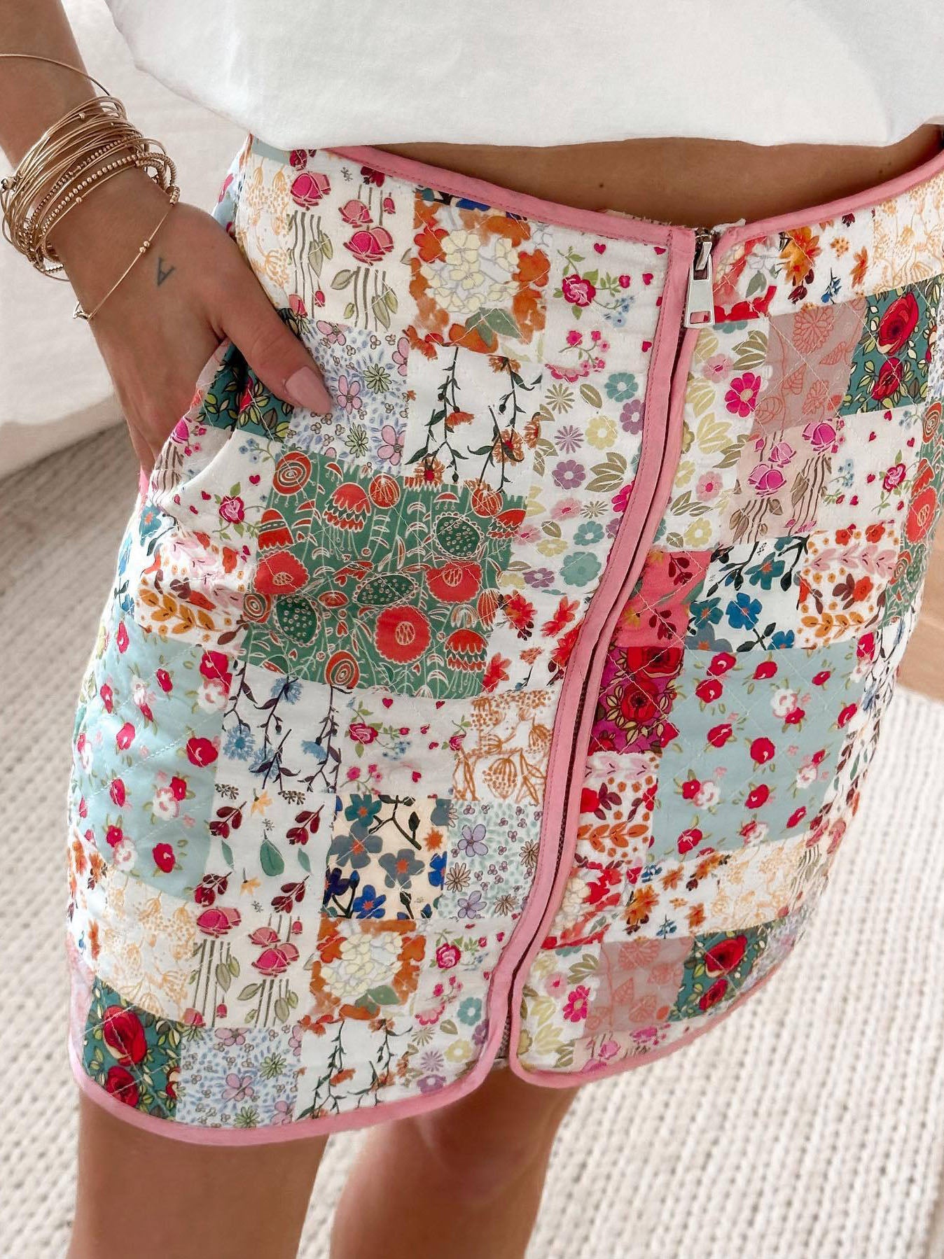 Floral Quilted Jacket and Mini Skirt Set