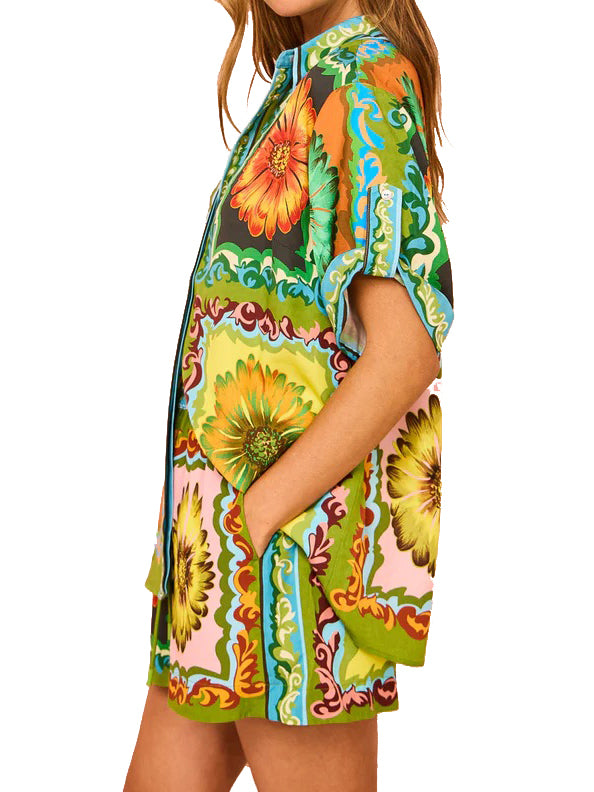 Floral Print Button-Up Shirt and Shorts Set
