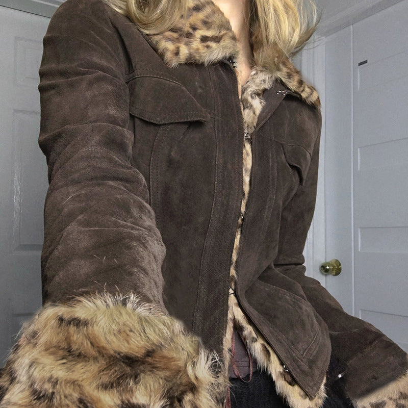 Leopard Fur Panel Collared Two-Tone Jacket