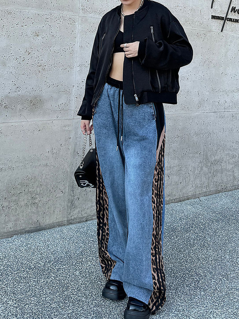 Leopard Print Patchwork Denim Pants