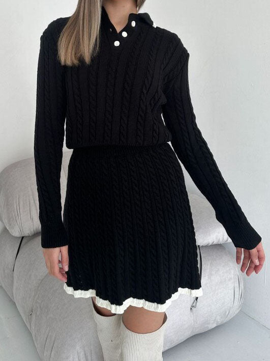Ribbed Buttoned Sweater and Mini Skirt Set