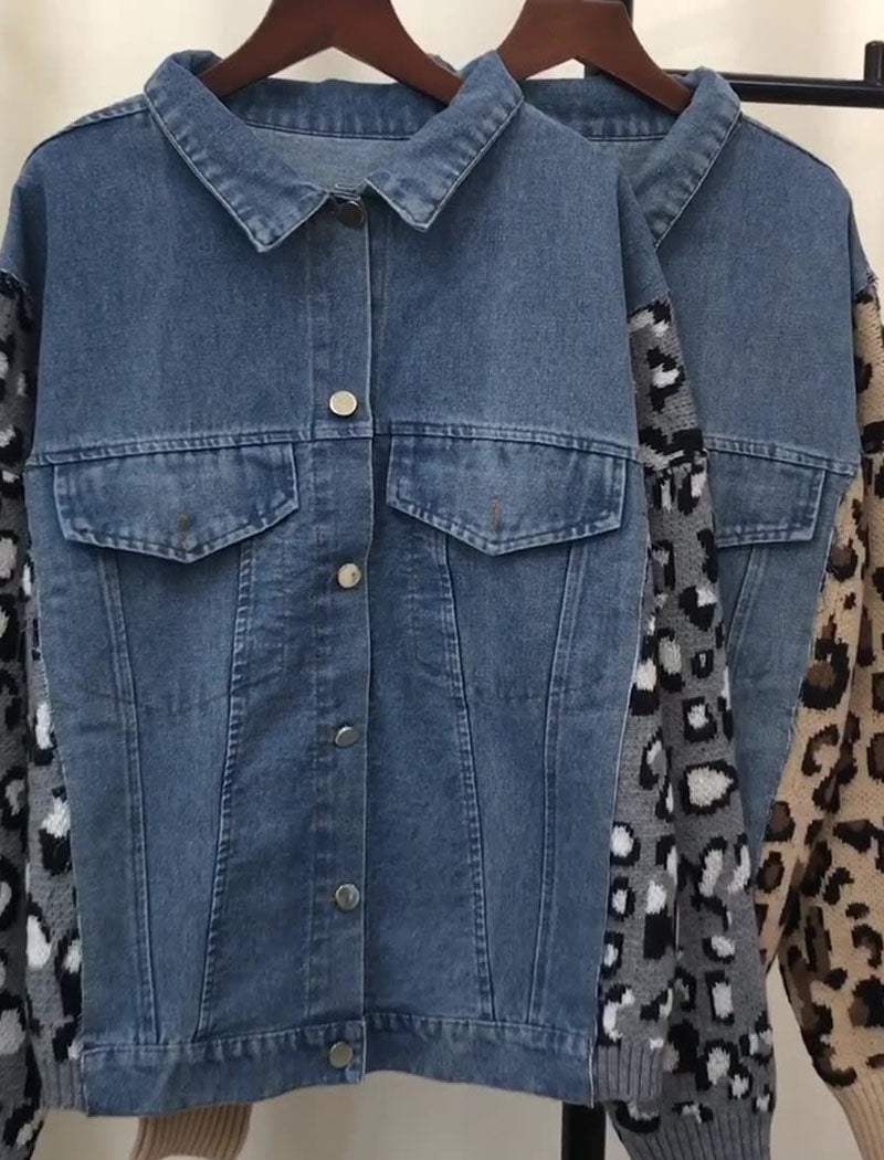 Denim Jacket with Knit Patterned Sleeves