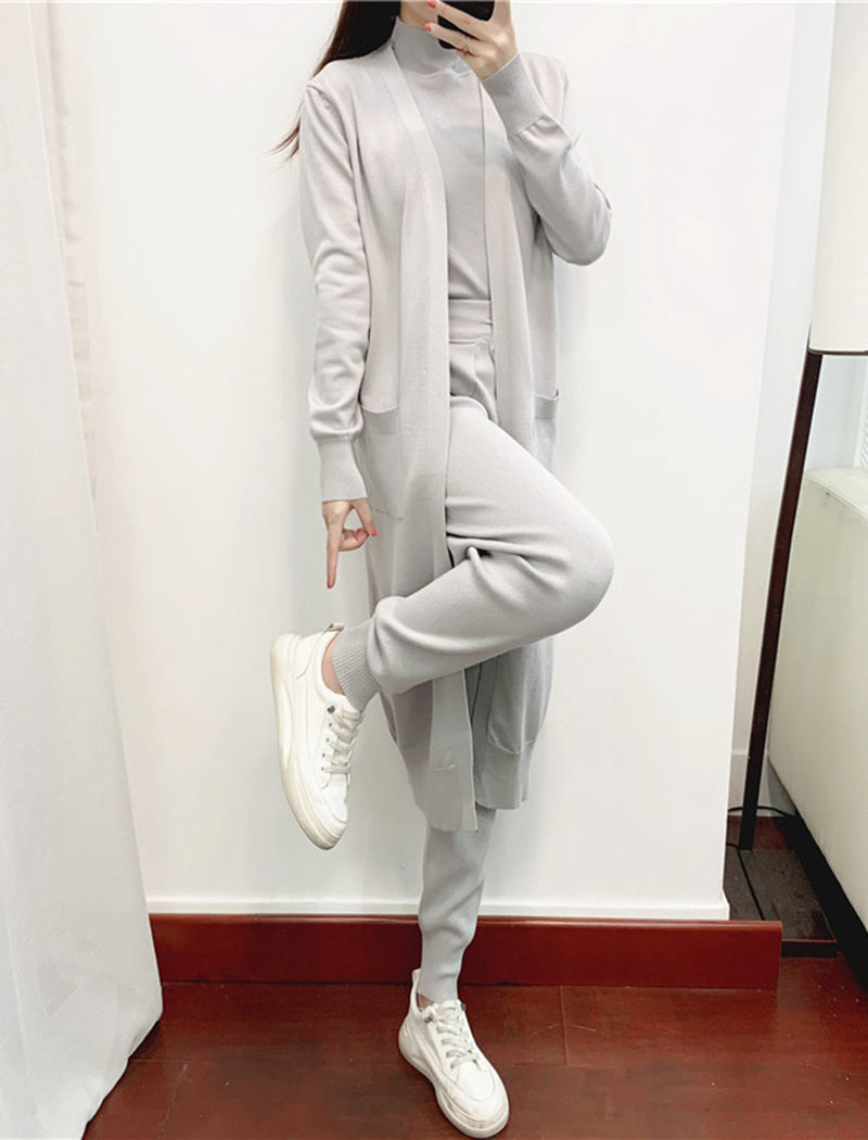 Elegant 3-Piece Knitted Cardigan Vest and Pants Set