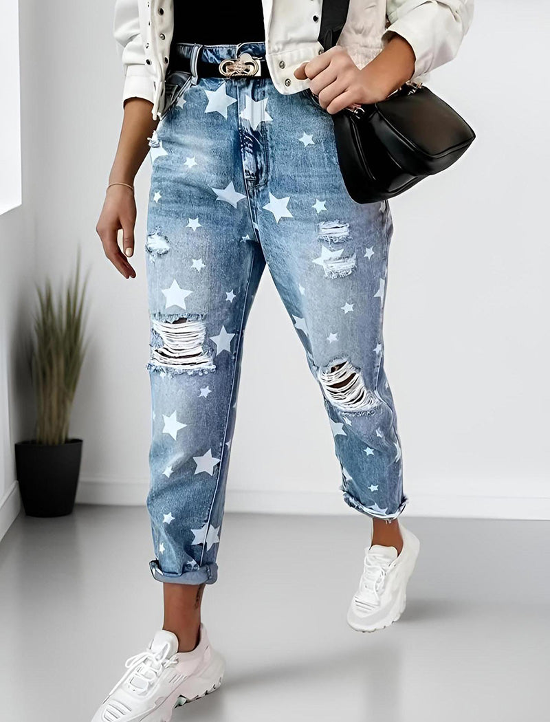 Star Print Distressed Boyfriend Jeans