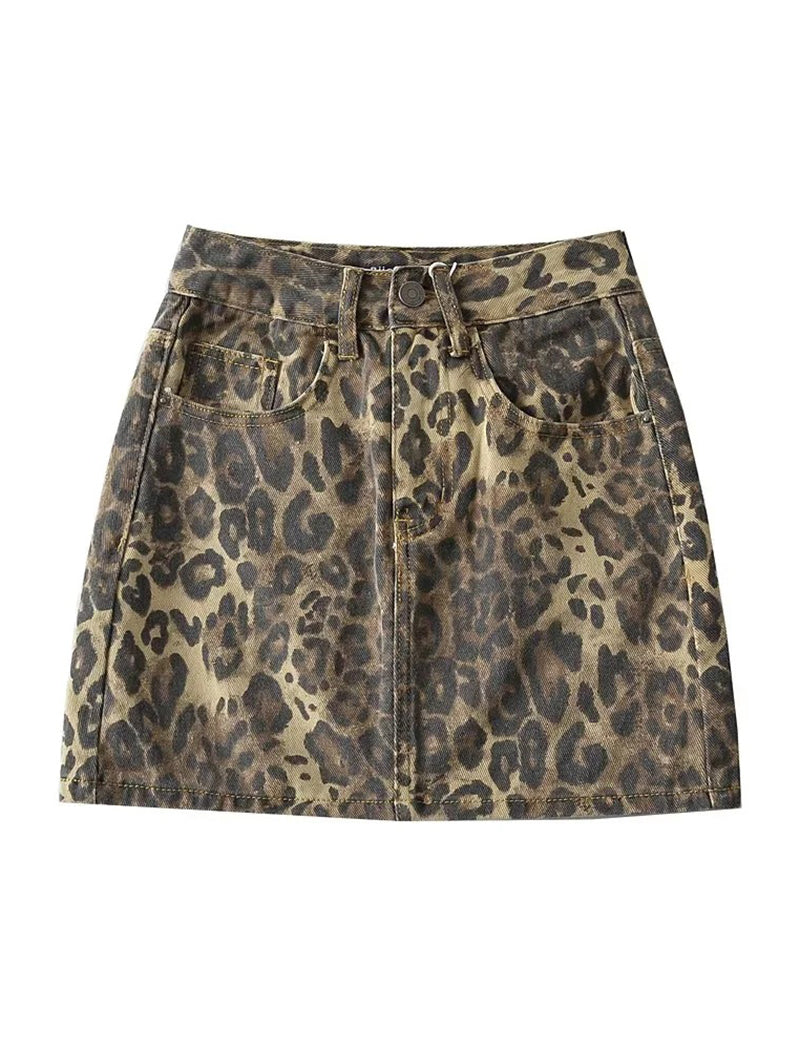 Leopard Print Denim Mini Skirt