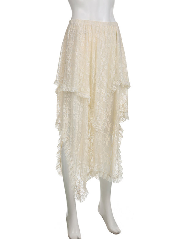 Sheer Lace Asymmetrical Midi Skirt