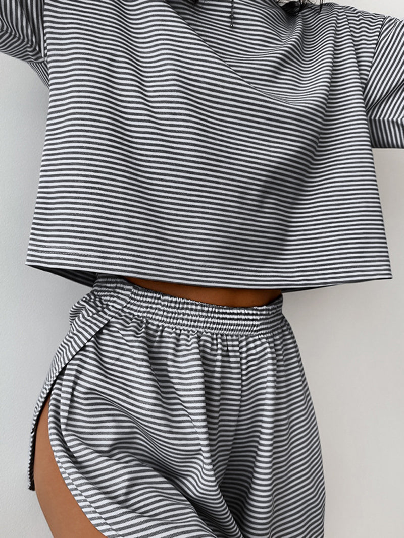 Striped Tee and Slit Shorts Set