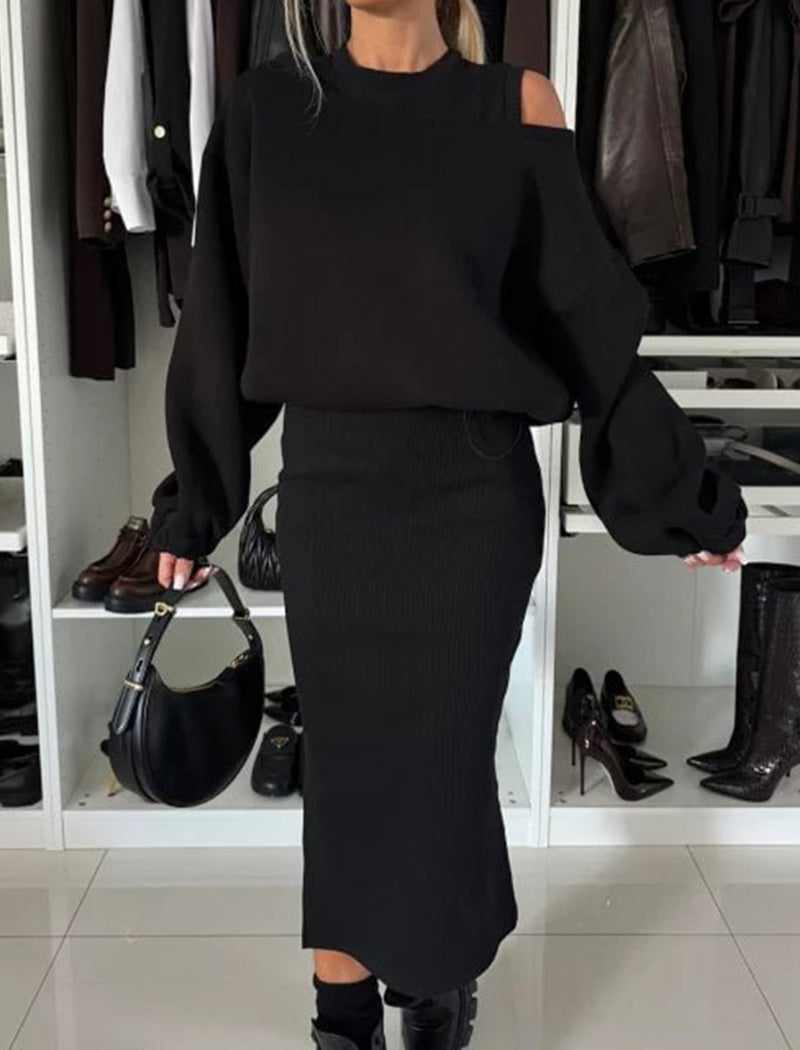 Ribbed Cut-Out Top with High-Waisted Skirt