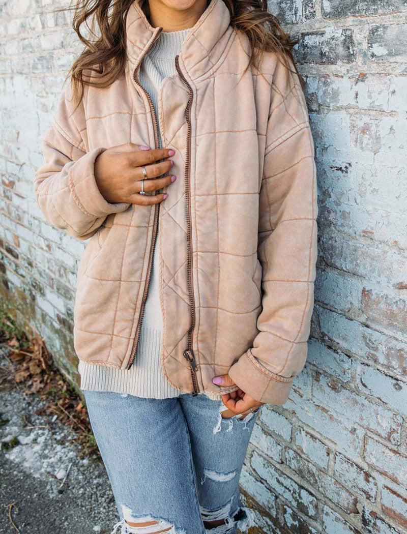 Quilted Zip-Up Jacket with Stand Collar