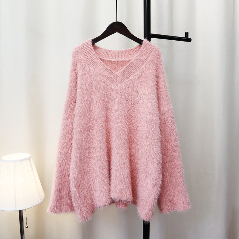 Fluffy V-Neck Loose Knit Sweater