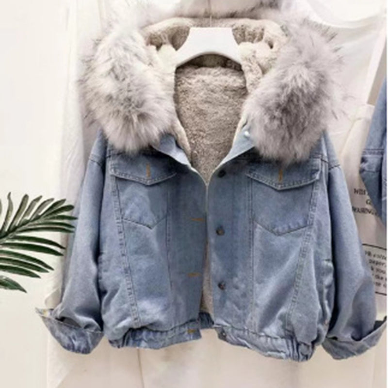 Denim Bomber Jacket with Fur Collar