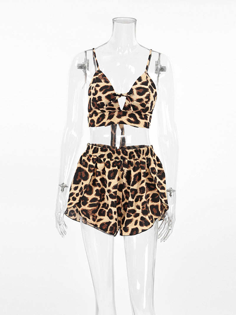 Leopard Print Bralette and Shorts and Kimono Set