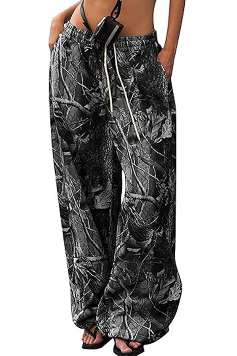 Wide-Leg Camo Printed Drawstring Pants