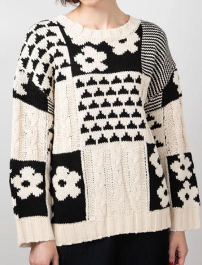 Floral Block Loose Knit Pullover