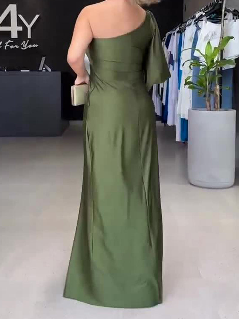 One-Shoulder Draped Split-Hem Maxi Dress
