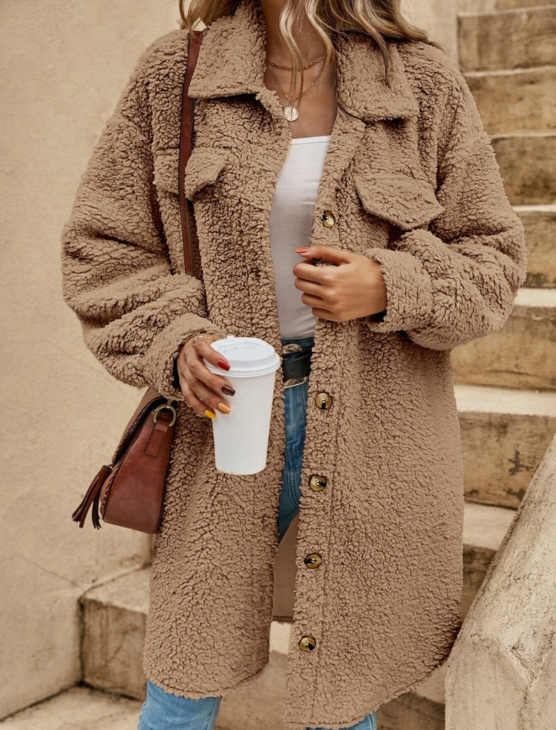 Button-Up Fuzzy Collar Coat