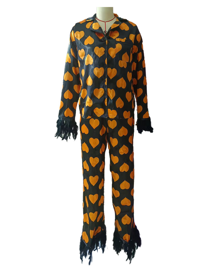 Heart Print Pajama Set with Feather Trim