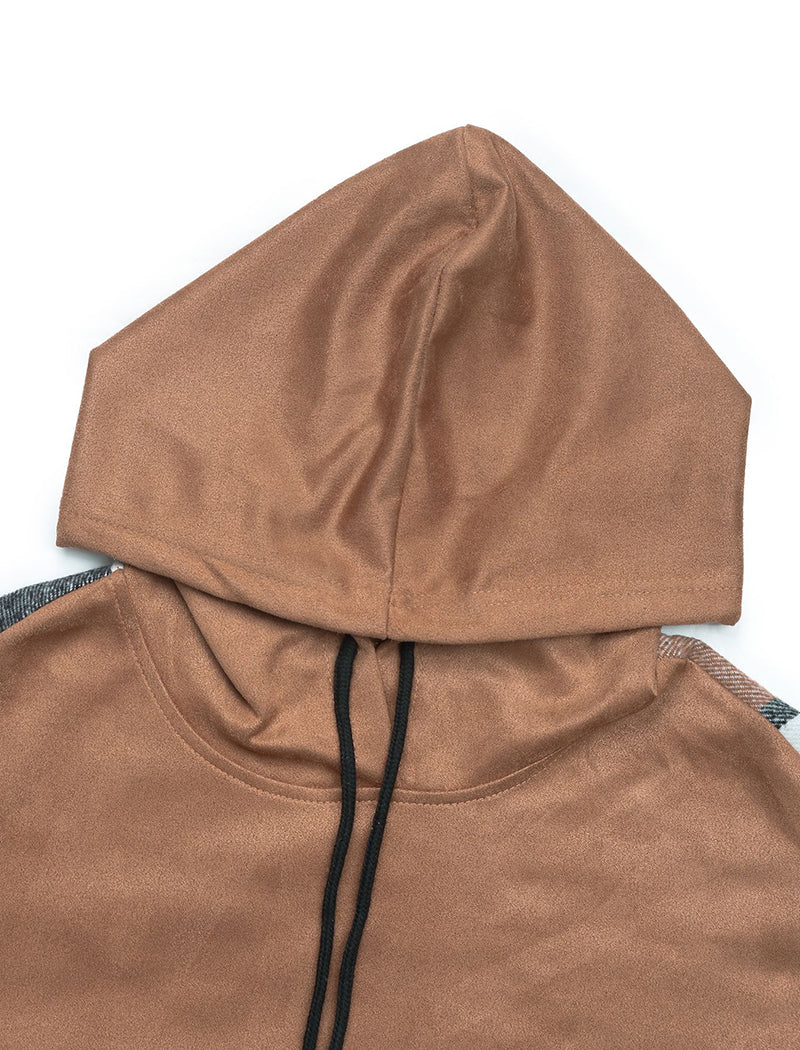 Plaid Patchwork Hooded Top with Drawstring