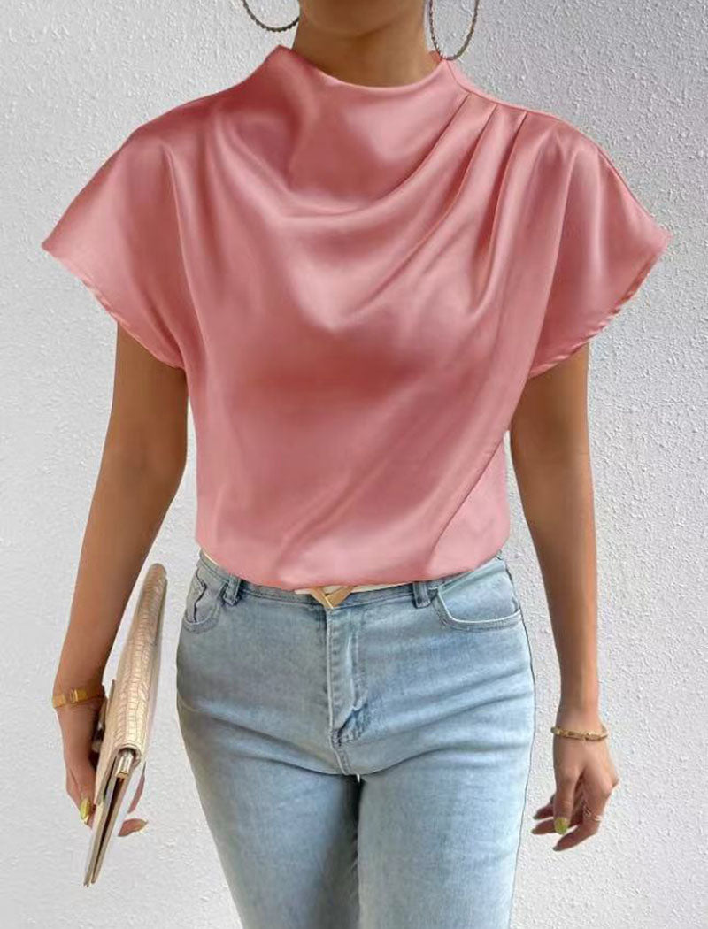 Satin Cowl Neck Short-Sleeve Blouse