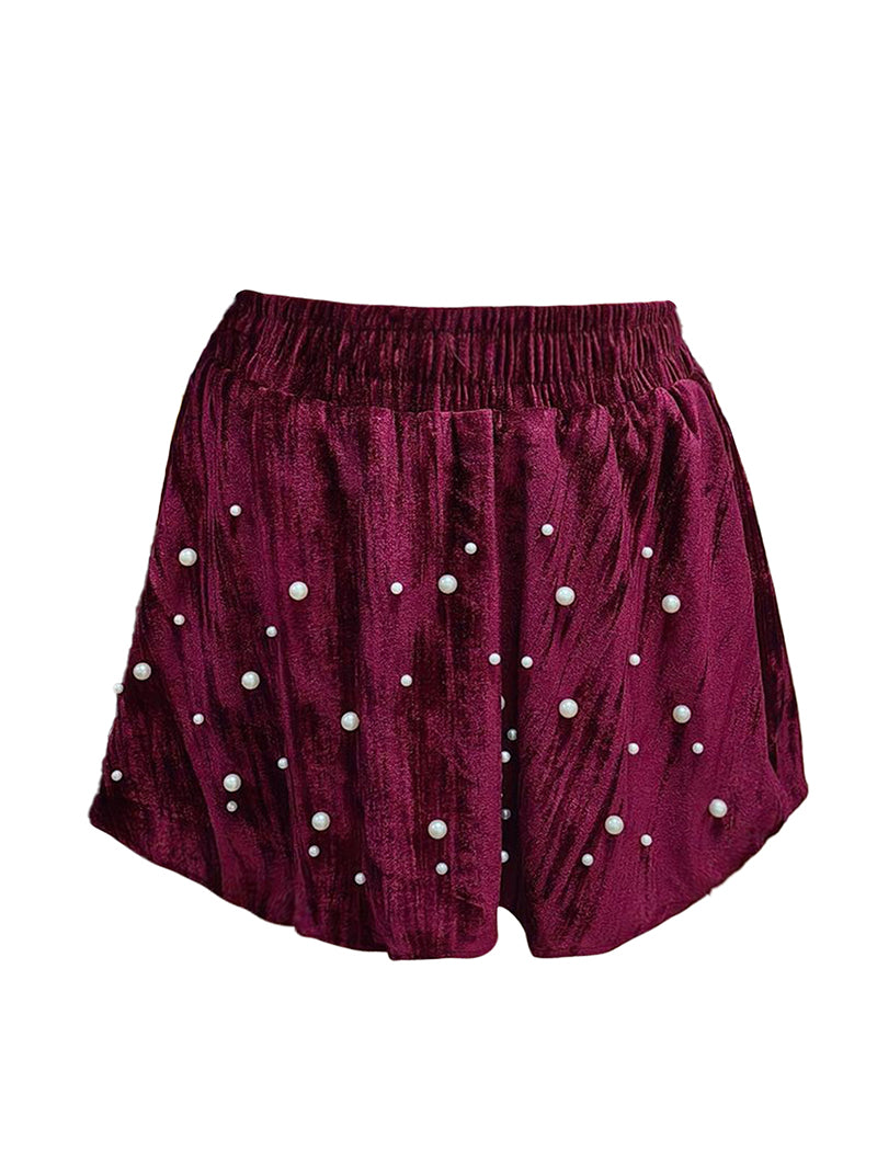 Velvet Mini Shorts with Pearl Embellishments