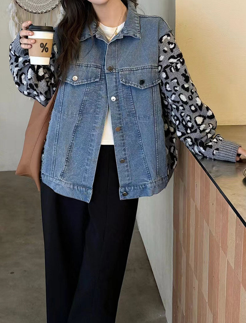 Denim Jacket with Knit Patterned Sleeves