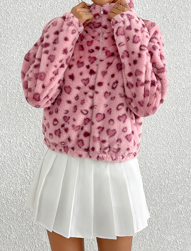Zip-Up Long Sleeve Heart Leopard Print Fleece Jacket