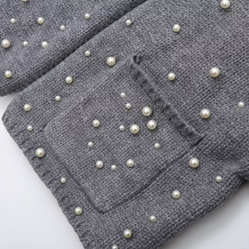 Pearl Detail Collared Long Sleeve Knit Coat