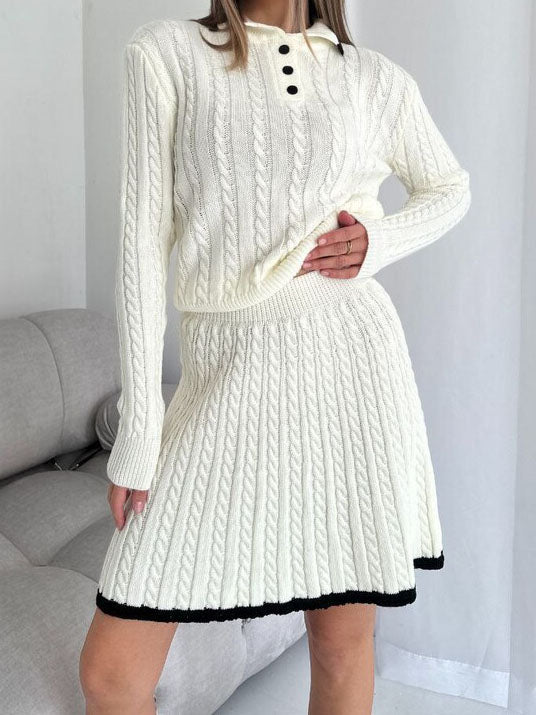 Ribbed Buttoned Sweater and Mini Skirt Set