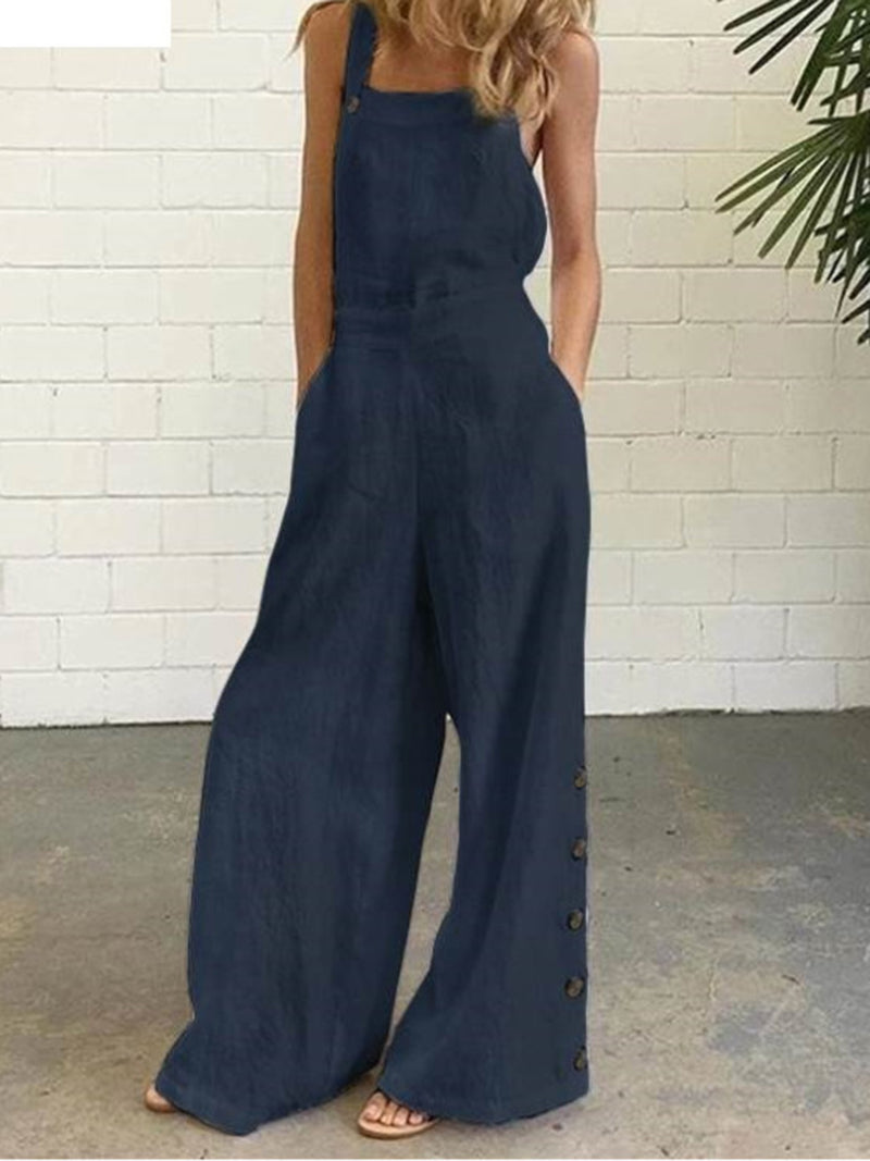Solid Sleeveless Button Jumpsuit