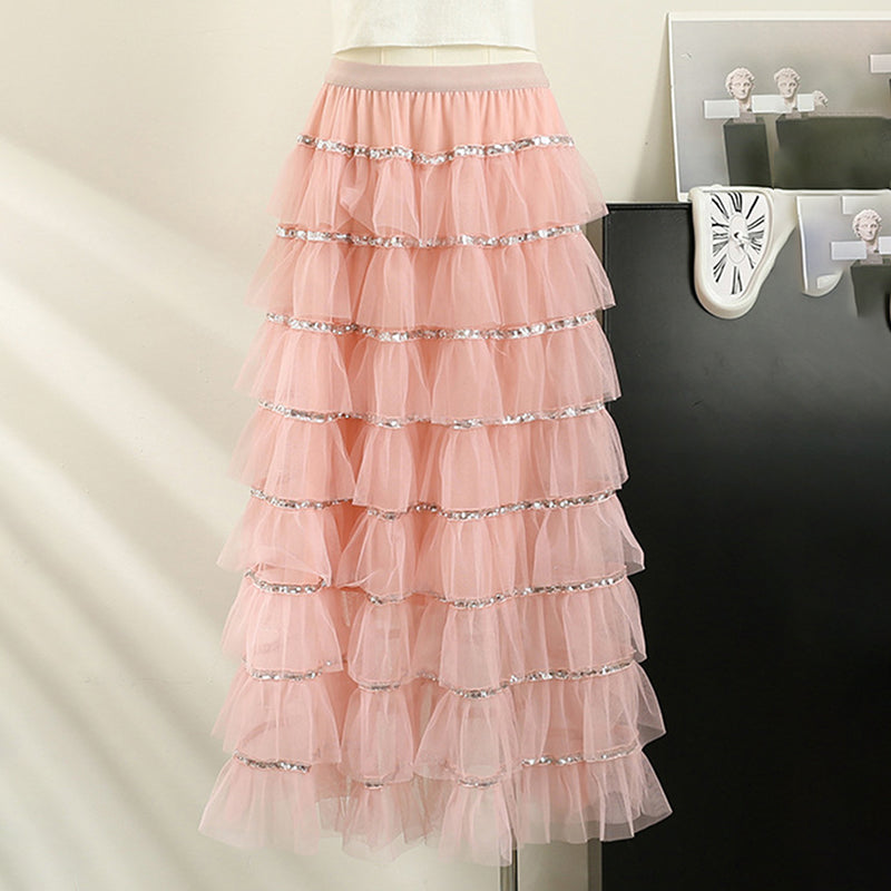 Layered Ruffle Tulle Midi Skirt