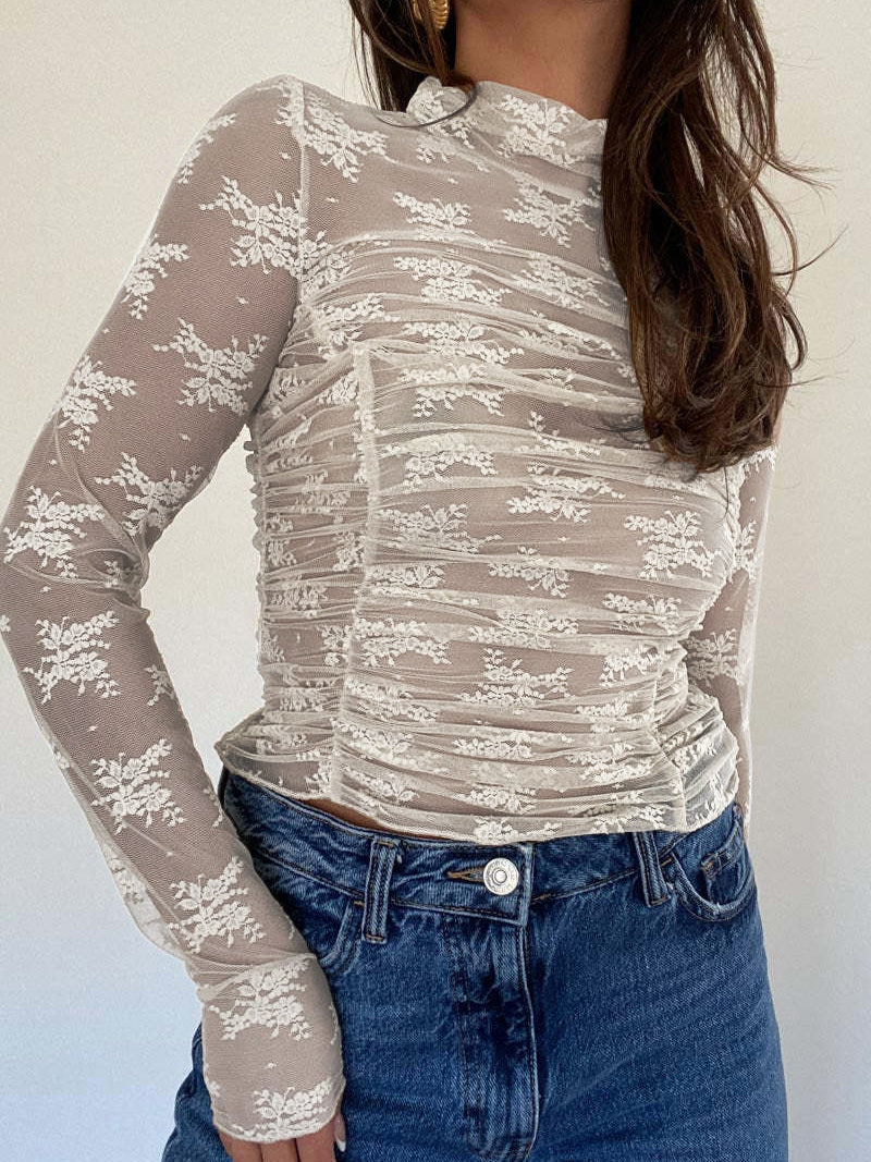 Ruched Sheer Lace Long-Sleeve Top