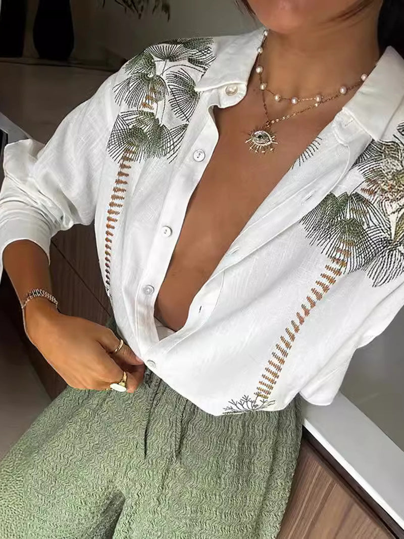 Graphic Print Blouse and Drawstring Pants Set