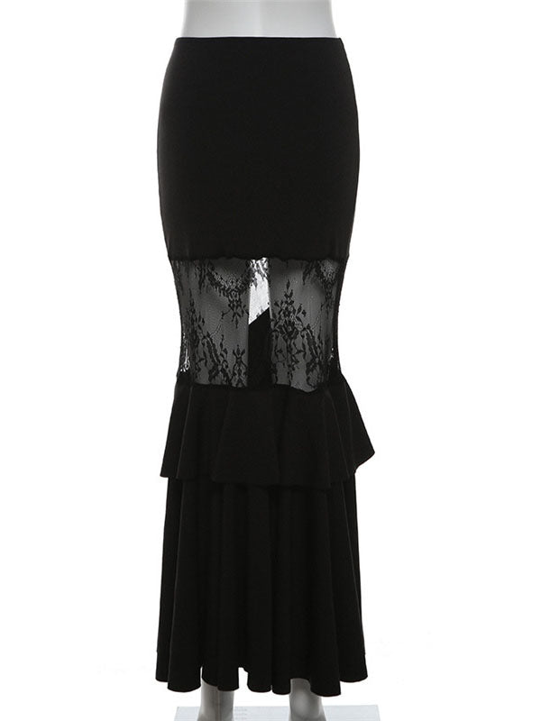 Flare Ruffle Lace Maxi Skirt