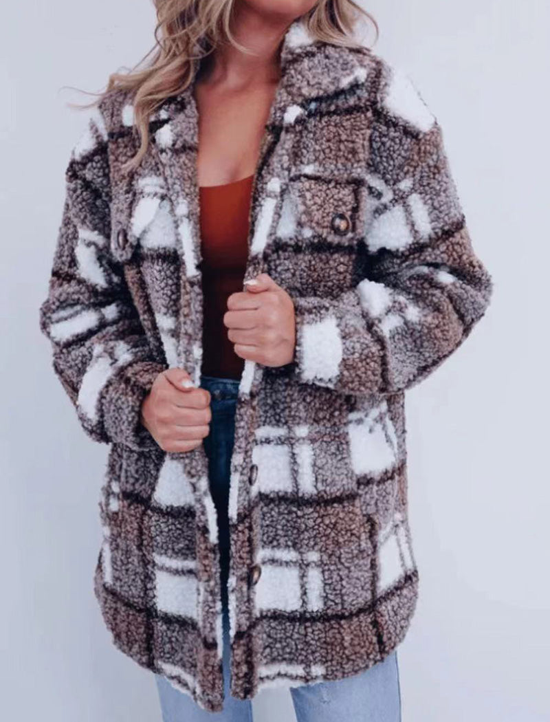 Plaid Pattern Oversized Sherpa Jacket