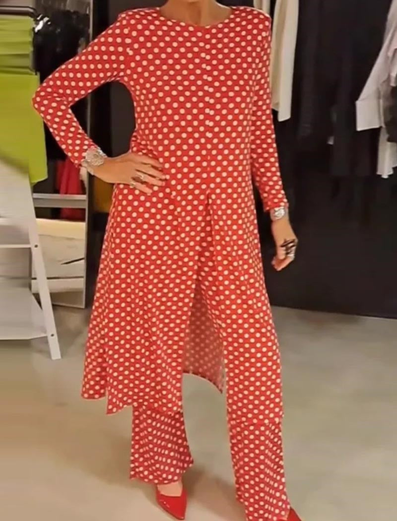 Crewneck Long Sleeve Split Polka Dot Pants Set