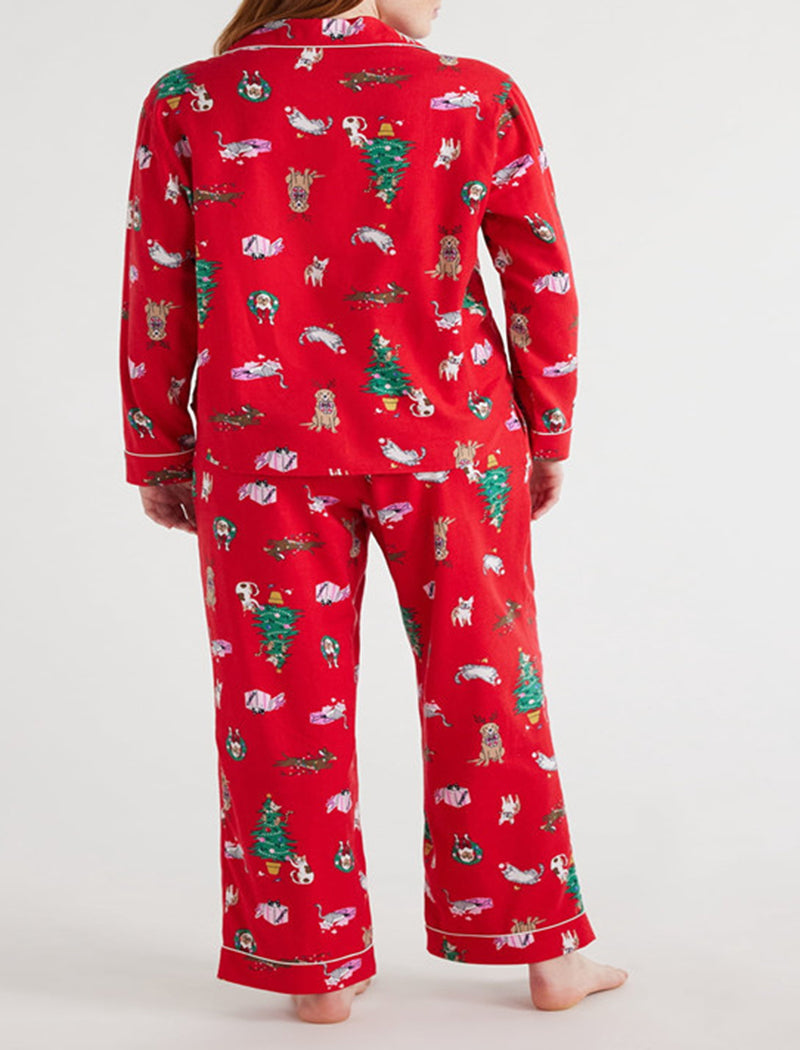 Long Sleeve Collared Christmas Print Lounge Set