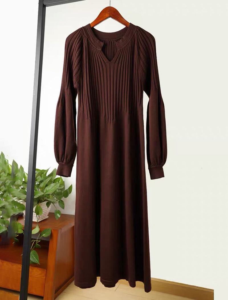 Ribbed V-Neck Long-Sleeve Dress