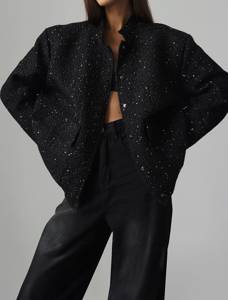 Sequin Stand-Collar Loose Jacket