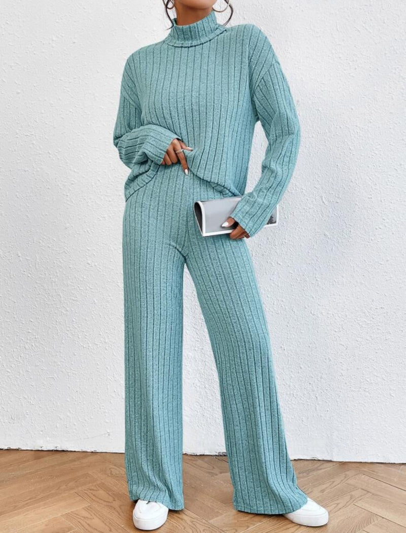 Ribbed Knit Long Sleeve Top and Pants Set