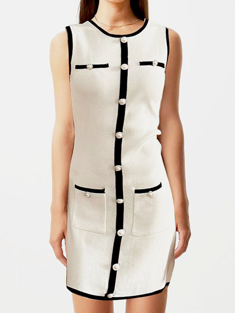 Button-Front Pearl Sleeveless Mini Dress