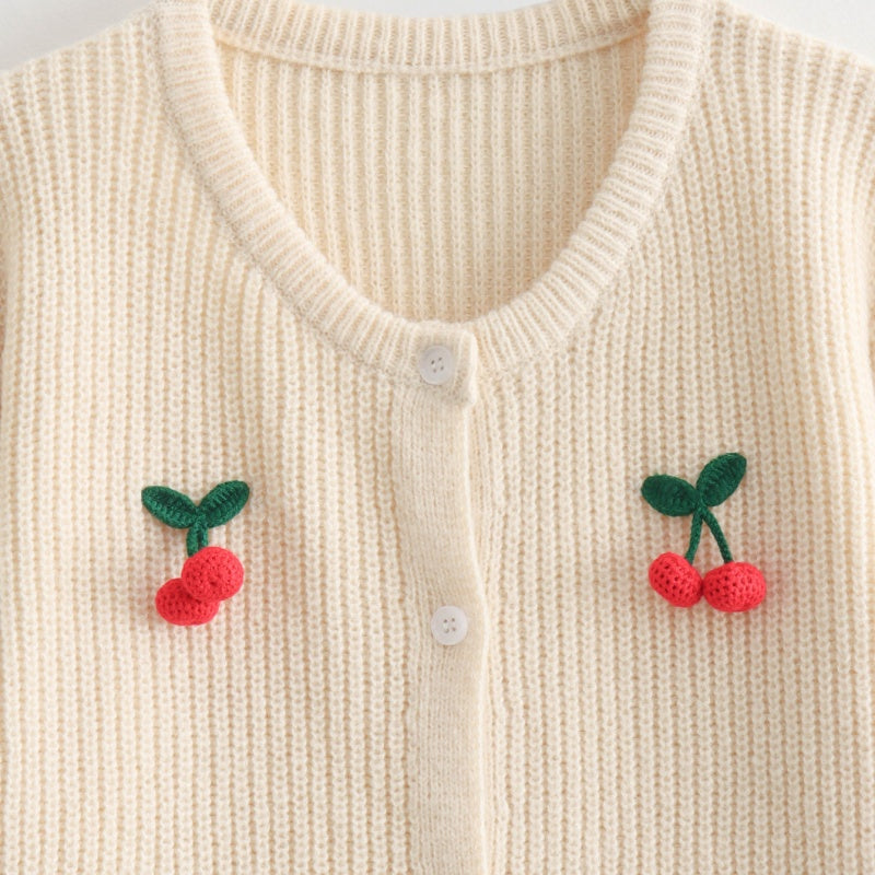 V-Neck Cherry Decor Knit Cardigan