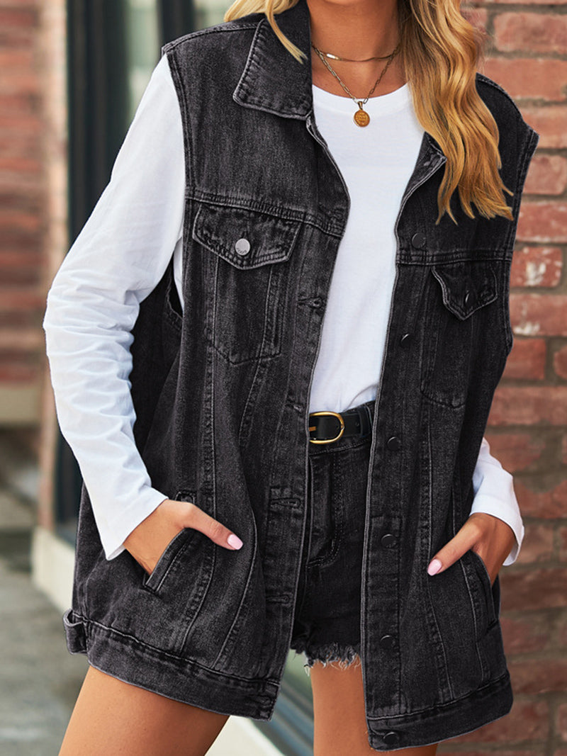 Sleeveless Button-Front Denim Vest