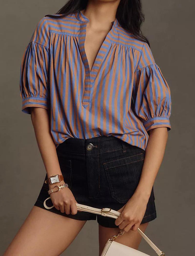 Striped V-Neck Puff Sleeve Blouse